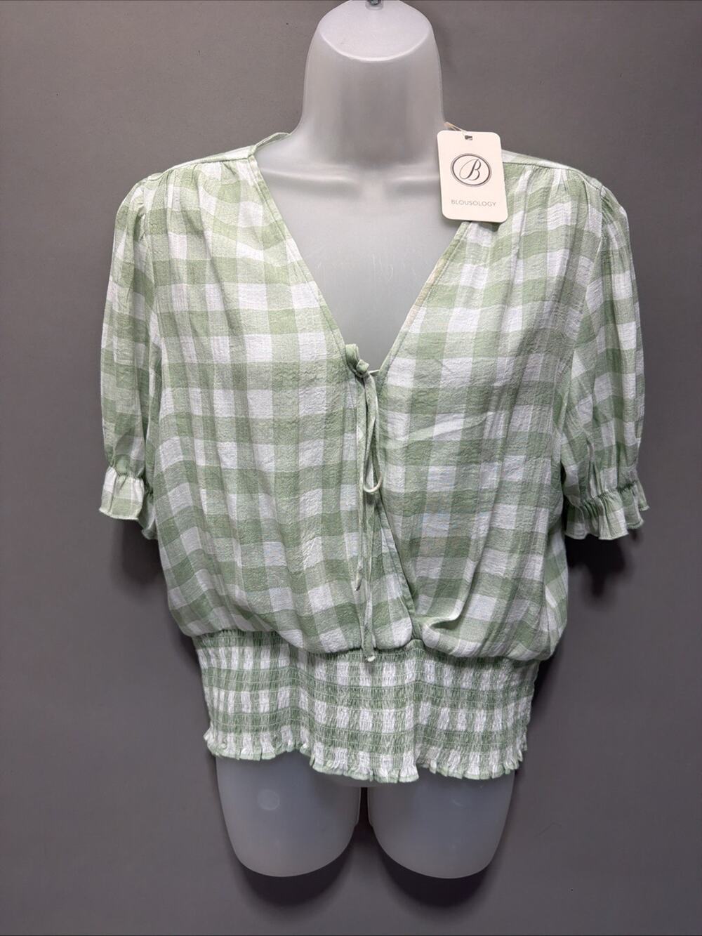Women’s Blousology White Green Gingham Check Crop Blouse Size Large New